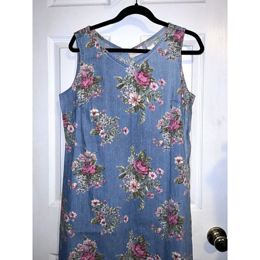 LIZ CLAIBORNE Y2K Jean Jumper Light Blue Pink Roses Cottagecore Dress Sz 10 - Picture 3 of 15